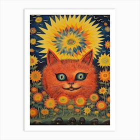 Kaleidoscope Psychedelic  Cat With Sun Art Print