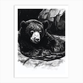 Malayan Sun Bear Relaxing In A Hot Spring Ink Illustration 1 Art Print