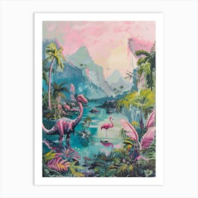 Dinosaur With The Flamingos Painting 2 Art Print