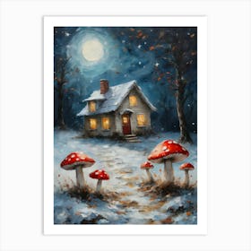 Cottagecore Toadstools and Fairy House in A Winter Forest - Acrylic Paint Mushrooms Art With Falling Snow at Night Scene on a Full Moon, Perfect for Witchcore Cottage Core Pagan Tarot Celestial Zodiac Gallery Feature Wall Christmas Yule Beautiful Woodland Creatures Series HD Art Print