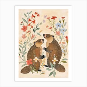 Folksy Floral Animal Drawing Beaver 2 Art Print