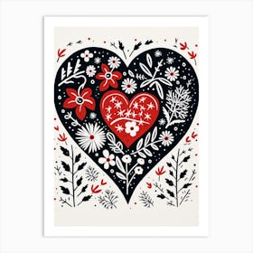 Folky Heart Linocut Style Black Red & White 3 Art Print
