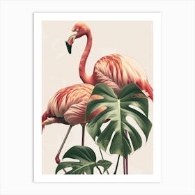Lesser Flamingo And Monstera Deliciosa Boho Print 2 Art Print