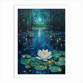 A Painting Of Forest At Night, Where The Moonlight Reflects On Lily Pads Art Print