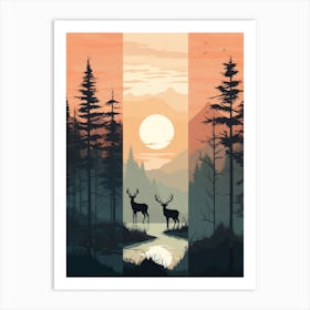 Deer In The Forest At Sunset 1 Art Print