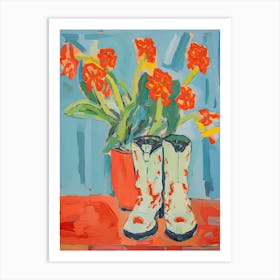 Painting Of Orange Flowers And Cowboy Boots, Oil Style Art Print