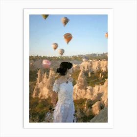 Beautiful Girl Watching Air Balloons, Oil Painting Art Print