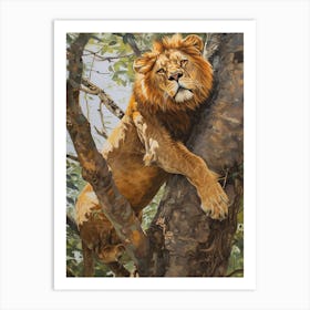 African Lion Climbing A Tree Acrylic Painting 3 Art Print