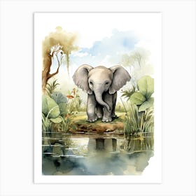 Elephant Painting Birdwatching Watercolour 1 Art Print