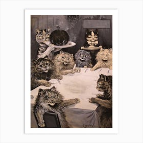 Louis Wain Vintage Cats - Christmas Pudding Dinner Party Victorian Illustration Famous Animated Cats Around the Dinner Table Having Supper - Witchy Dark Aesthetic British Humor Gallery Art Print