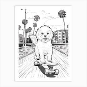 Maltese Dog Skateboarding Line Art 4 Art Print
