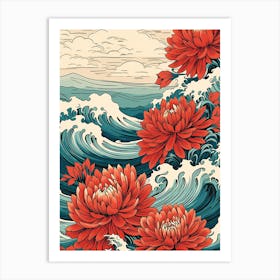 Great Wave With Dahlia Flower Drawing In The Style Of Ukiyo E 3 Art Print