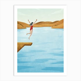 Illustration Of A Woman Jumping Off A Dock Art Print