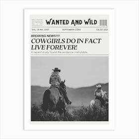 Cowgirls Live Forever| Trendy Retro Vintage Western Newspaper Art Print