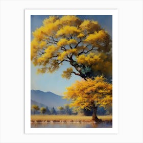 Yellow Tree By The Lake Art Print