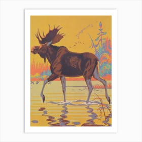 Moose In Water Vintage Print Art Print