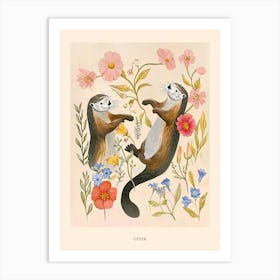 Folksy Floral Animal Drawing Otter 2 Poster Art Print