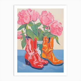 A Painting Of Cowboy Boots With Pink Flowers, Fauvist Style, Still Life 3 Art Print