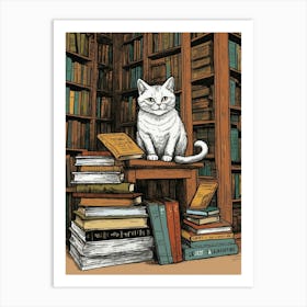 Cat In The Library Art Print