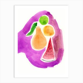 Fruits On Purple - watercolor vertical hand painted food kitchen purple lilac orange red pear watermelon Art Print