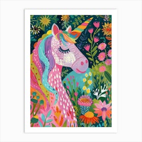 Colourful Unicorn Folky Floral Fauvism Inspired 1 Art Print