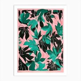 Black and green leaves on pink. Floral Pattern Art Print