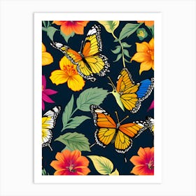 Seamless Pattern With Butterflies And Flowers 5 Art Print