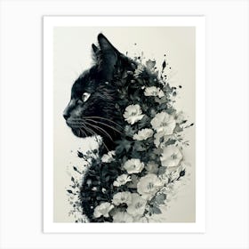 Black Cat With Flowers Art Print