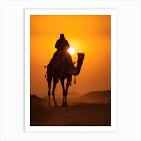 Silhouette Of Camel Rider At Sunset Art Print