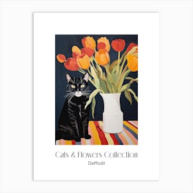 Cats & Flowers Collection Daffodil Flower Vase And A Cat, A Painting In The Style Of Matisse 7 Art Print