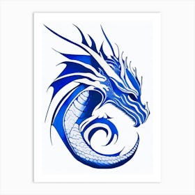 Dragon Symbol Blue And 1 White Line Drawing Art Print