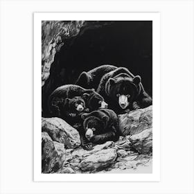 Malayan Sun Bear Family Sleeping In A Cave Ink Illustration 3 Art Print