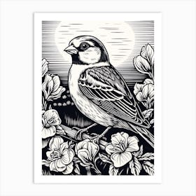 B&W Bird Linocut House Sparrow 2 Art Print