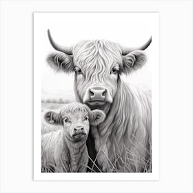 Black & White Illustration Of Highland Cow With Calf 1 Art Print