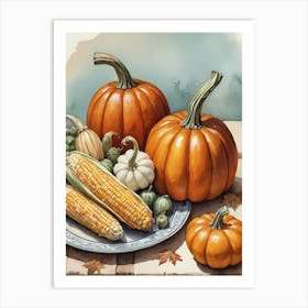 Holiday Illustration With Pumpkins, Corn, And Vegetables (8) Art Print