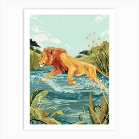 African Lion Crossing A River Illustration 2 Art Print