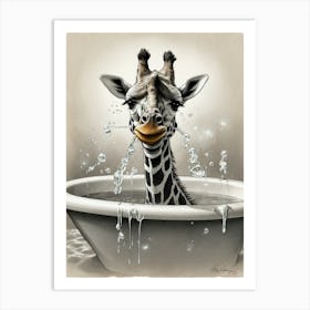 Giraffe In Bath Art Print