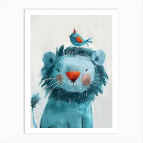 Small Joyful Lion With A Bird On Its Head 13 Art Print