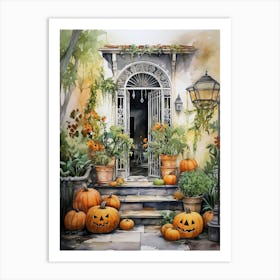 Door with Halloween decorations - watercolor 1 Art Print