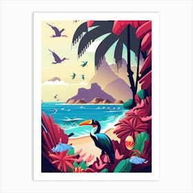Exotic Floral Bird Island - Retro Landscape Beach and Coastal Theme Travel Poster Art Print