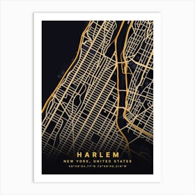 Harlem New York City USA Black And Gold Map Art Print