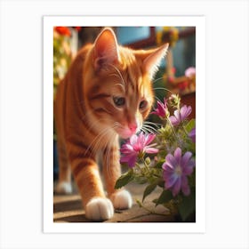 Cute Cat Sniffing Flowers Art Print