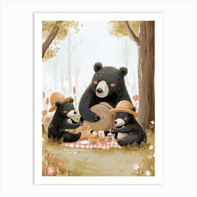 American Black Bear Family Picnicking In The Woods Storybook Illustration 4 Art Print
