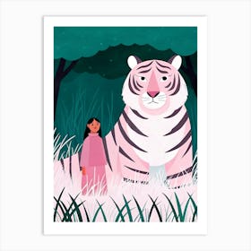 Girl and Pasel Pink Tiger Art Print