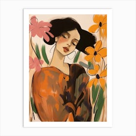 Woman With Autumnal Flowers Orchid 1 Art Print