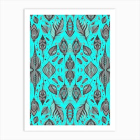 Neon Vibe Abstract Peacock Feathers Black And Turquoise 1 Art Print