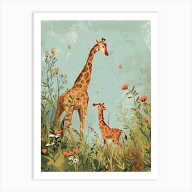 Mother Giraffe & Calf Colourful Illustration 3 Art Print