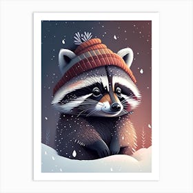 Raccoon With Hat In The Snow Art Print
