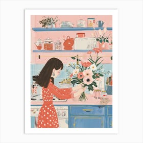 Girl With Flower Bouquet Lo Fi Kawaii Illustration 1 Art Print
