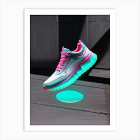 Turquoise And Pink Sneaker Floating Mid Air Featuring A Striking Bold Design Shadows Casting Belo Art Print